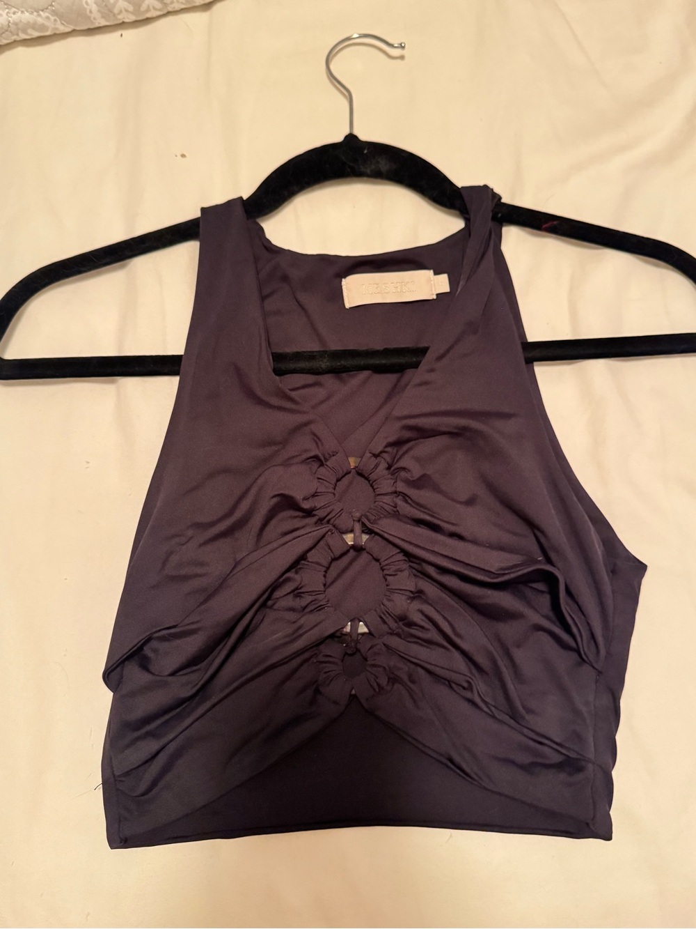 Meshki Black Ring-Ruched Halter Crop Top